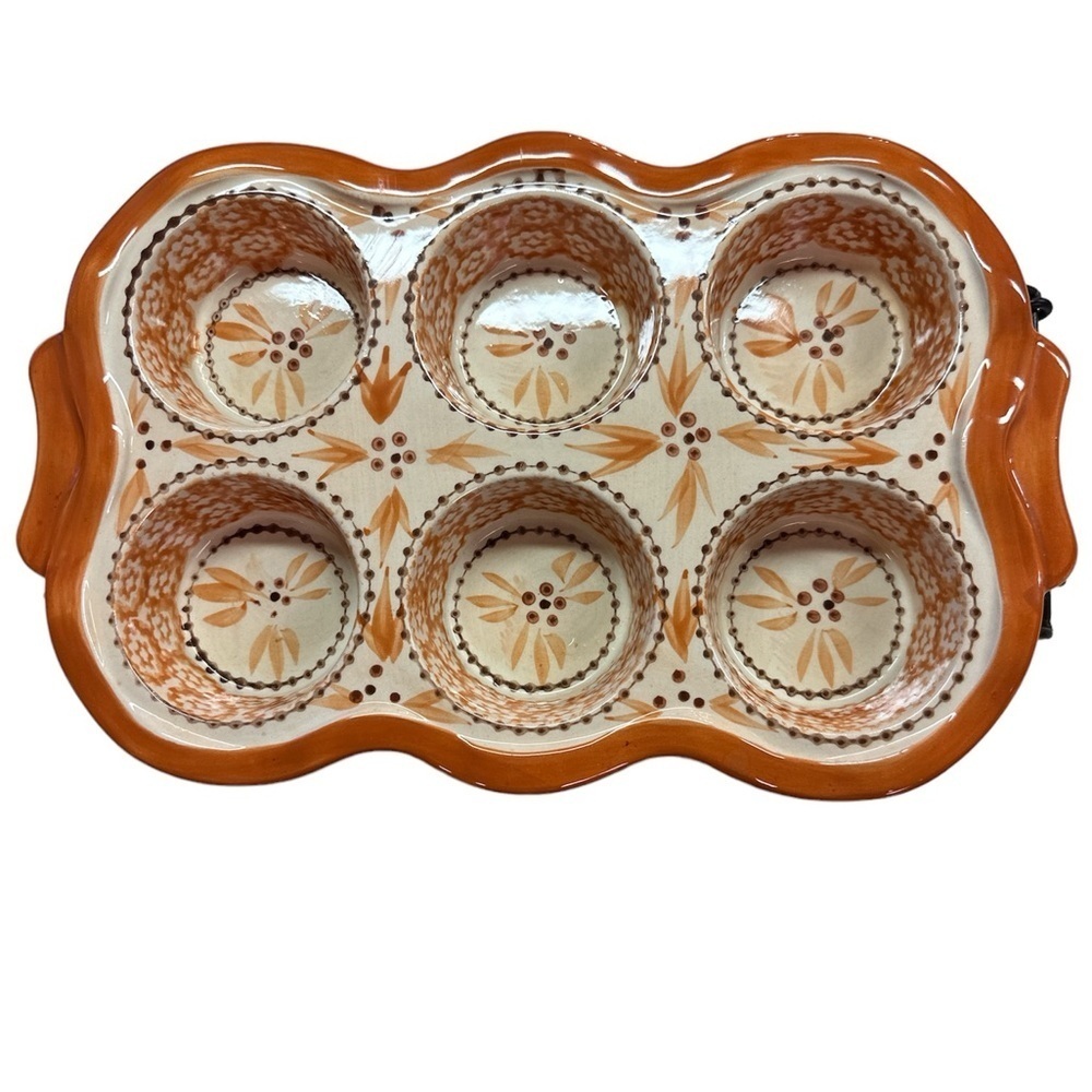 Temptations Old World Red Orange Muffin Tin Tray With Metal Rack EUC